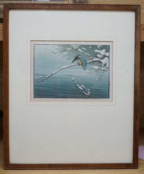 Allen W. Seaby (1867-1953), woodcut in colour, 'The little kingfisher', signed in pencil, limited edition of 100, label verso, 14.5 x 20cm. Condition - some spots of foxing